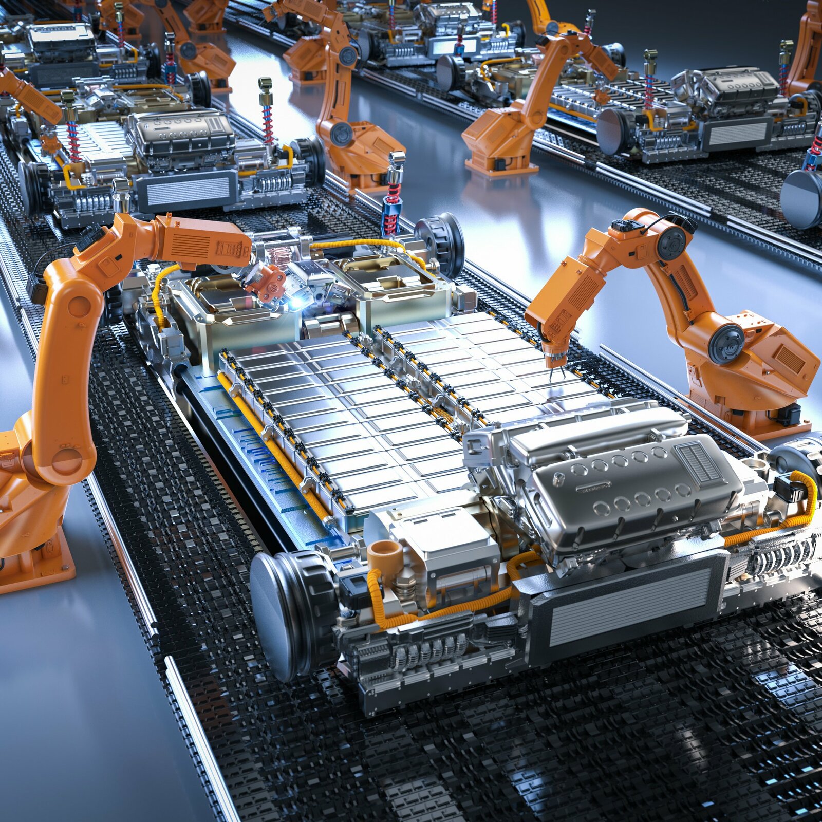 Robot assembly line with electric car battery cells module on pl